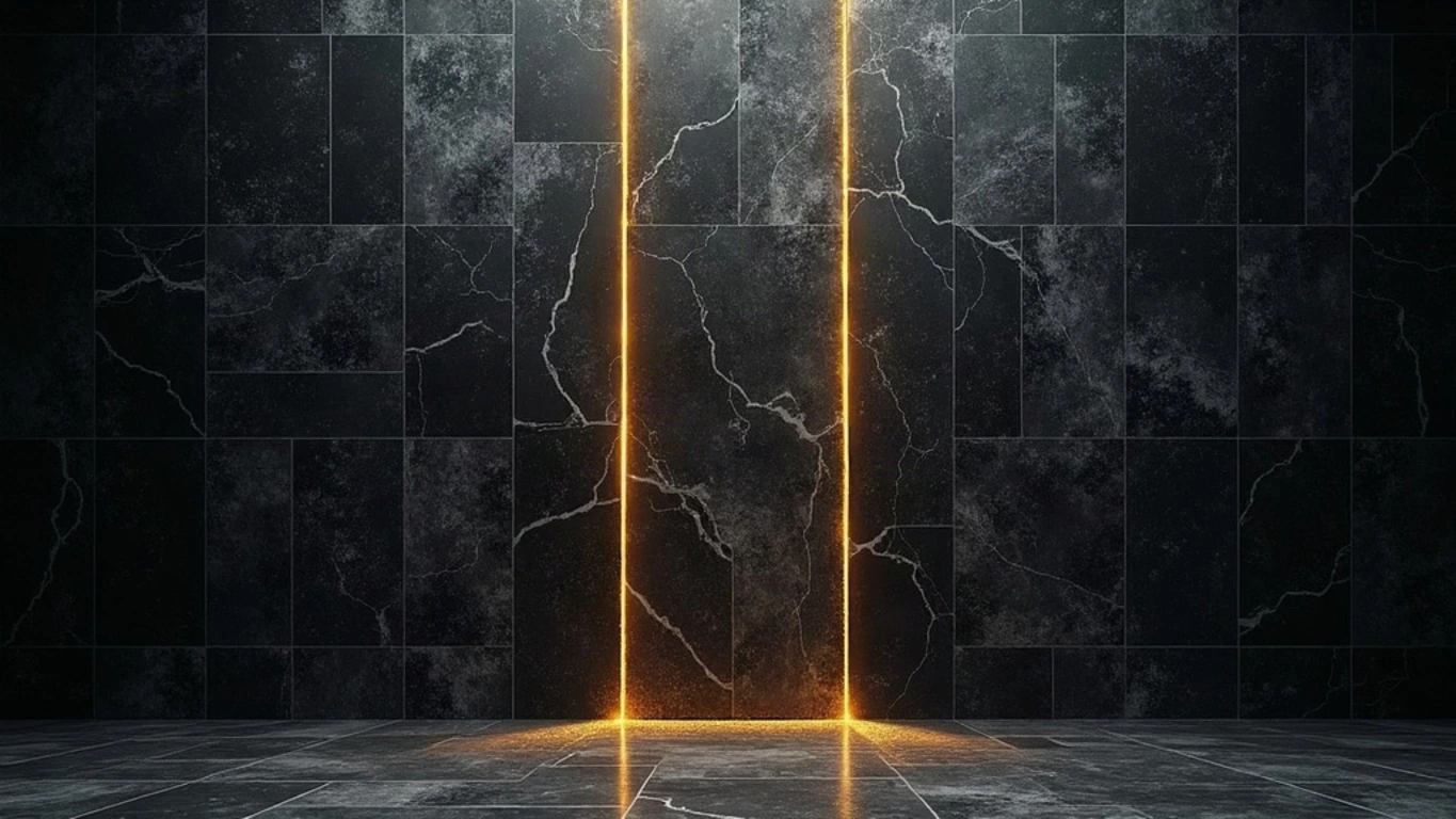 A monumental flat wall of sealed Parian marble panels faces the viewer in a deep midnight navy darkness, its surface veined with fine grey marbling; most panels remain shut and dark, but a few near the center have been prized open, and each opening throws out a narrow slot of intense glowing amber-gold light, the lit slots scattered unevenly across the face; gold dust drifts in the air against the stone.