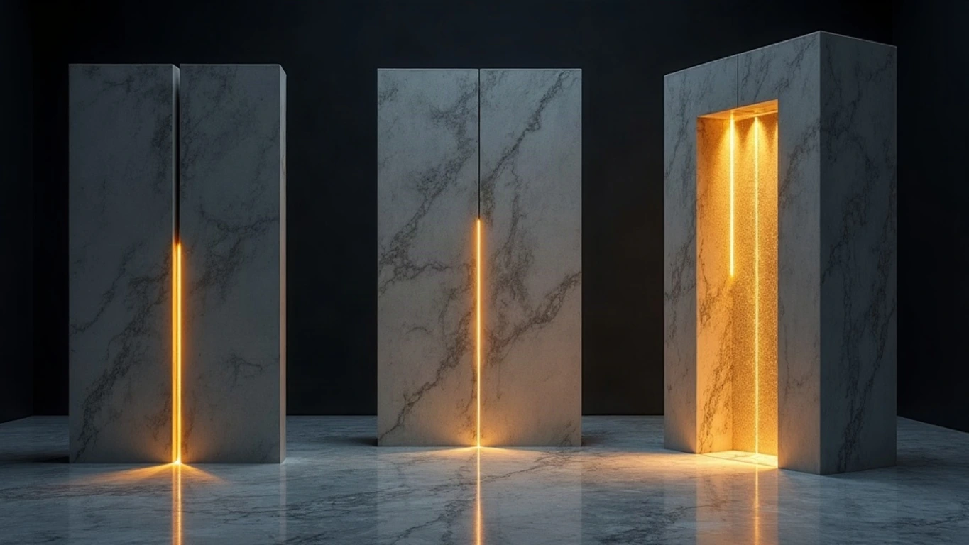 Three monumental flat walls of pale Parian marble stand in forced perspective on a dark floor within a hall of deep midnight navy darkness, each wall built from rows of panels veined with fine grey marbling; the left wall is shut and dark with only its seams catching light, the centre wall has a few panels prized open and each opening throws a single narrow slot of intense glowing amber-gold, and the right wall opens into a lattice of many lit slots with warm gold light behind them; gold dust drifts in the air.