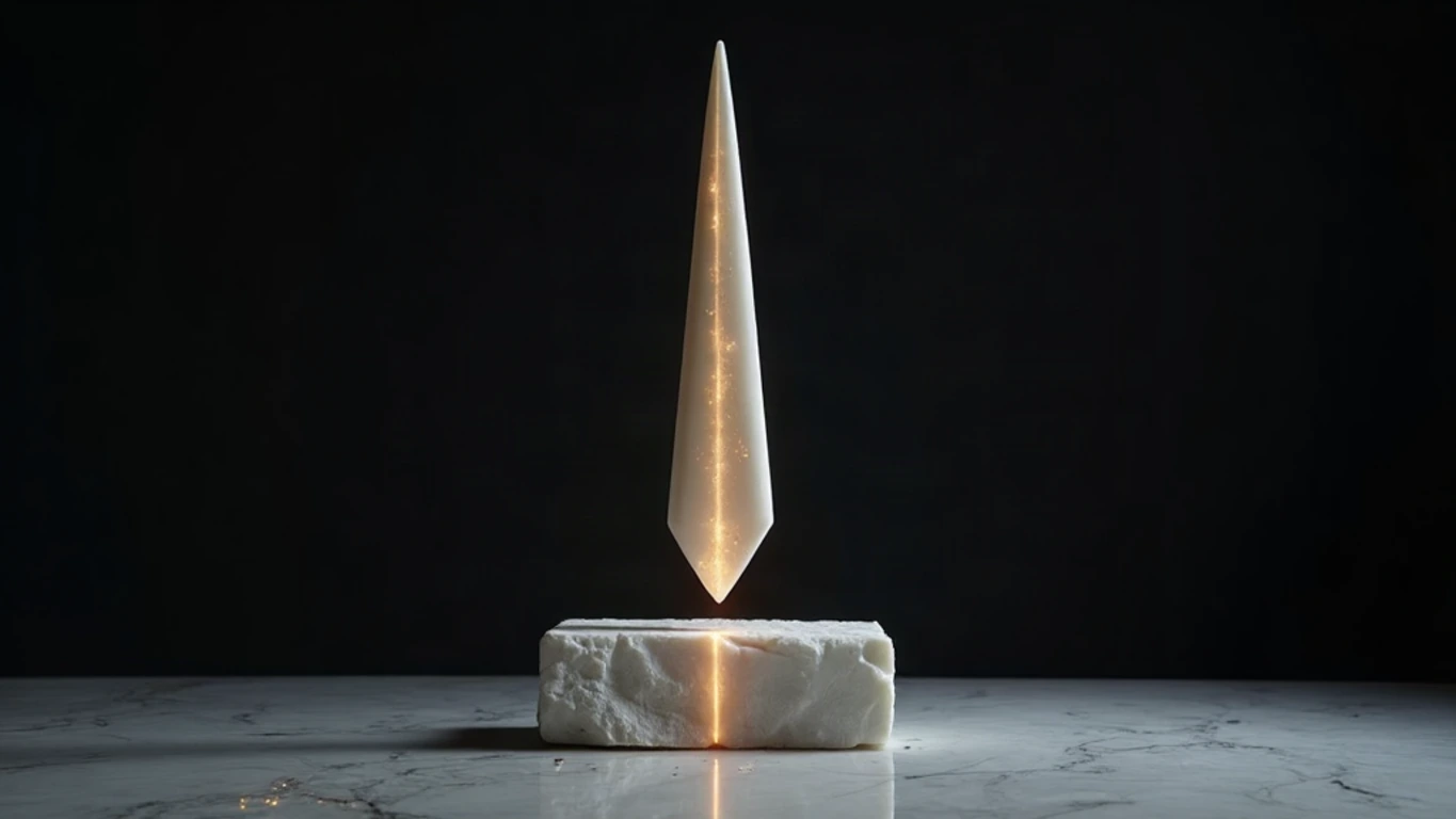 A sculpted blade of veined white Parian marble balanced point-down above a rough block of unworked stone, a seam of glowing amber-gold light running down the blade and through the block, floating in a deep midnight navy void above a dark polished marble floor, gold dust motes and dim stars, dramatic cinematic chiaroscuro