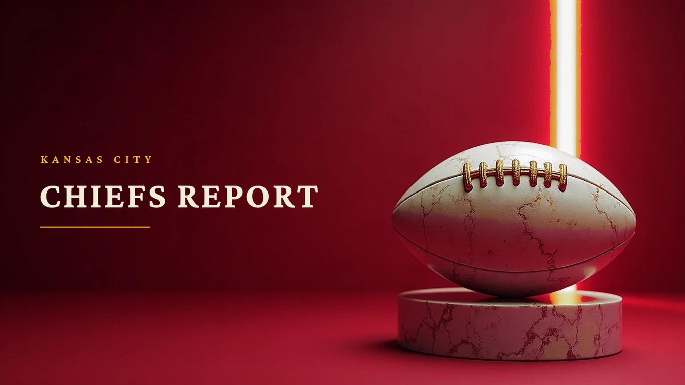A football carved from pale veined marble resting on a dark plinth, lit by a blade of gold light against a deep crimson field, with the words Kansas City Chiefs Report set at the left.