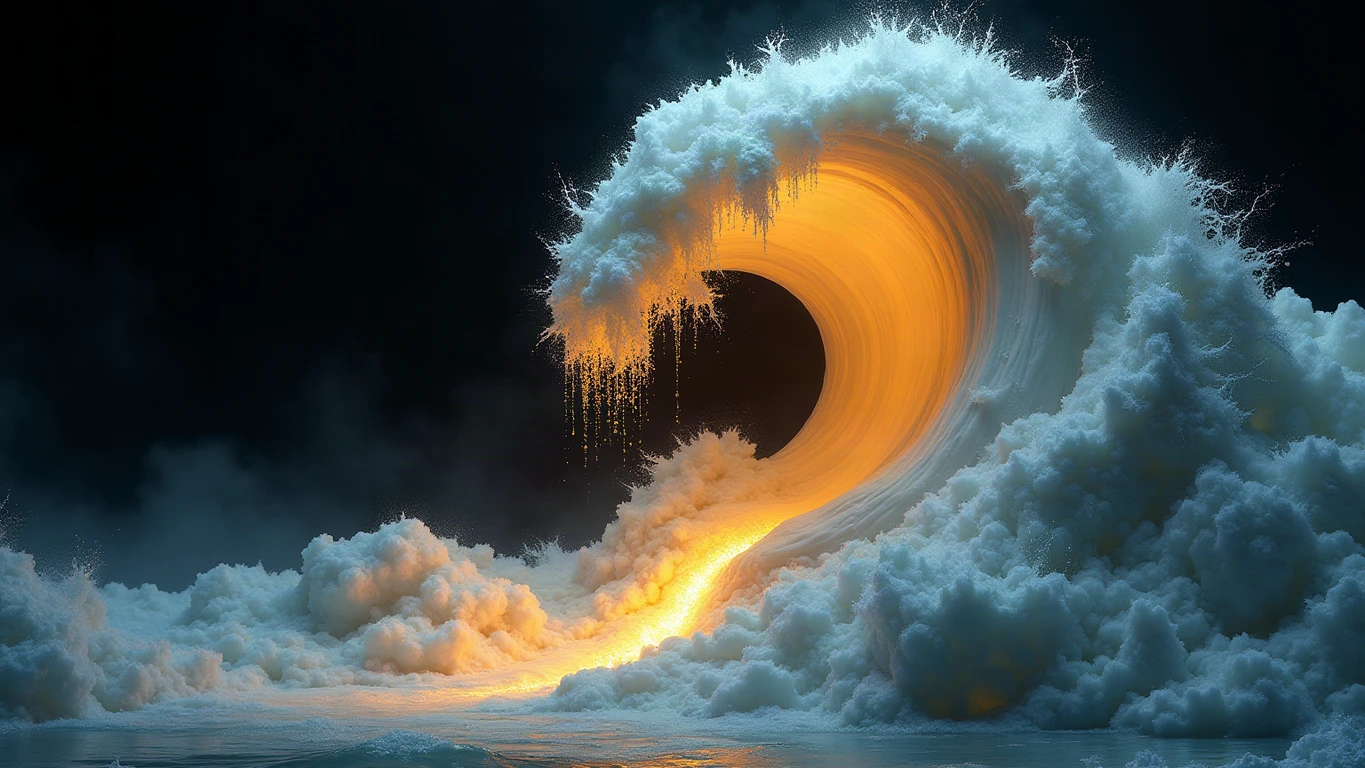 A towering crest of carved white marble waves breaking in a deep midnight navy void, its hollow curving face lit from inside by a warm amber-gold glow with droplets of gold falling from the lip, and at the base a small block of pale marble steps half-drowned in foam, with dark water and a scatter of gold dust below.