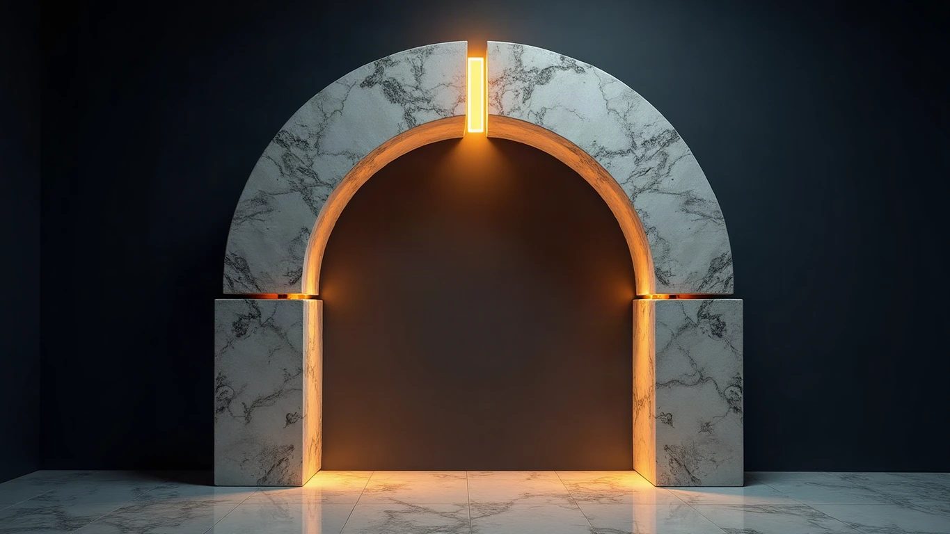 A monumental arch of veined white marble standing alone in a deep midnight navy void, built from wedge-shaped blocks whose joints are cut true at the springing while the block at the crown sits a fraction out of alignment, a blade of amber-gold light escaping through the offset joint and falling as fine gold dust.