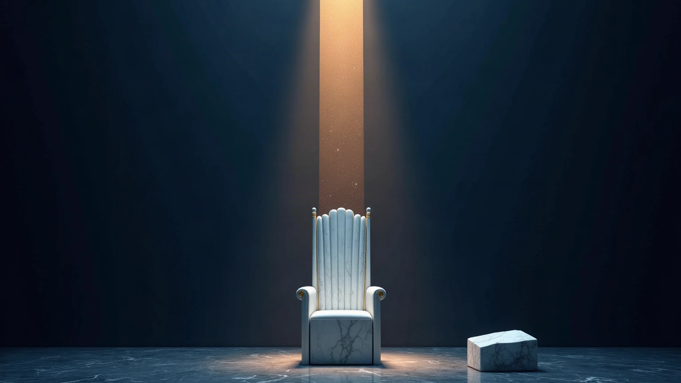 A tall ceremonial chair carved from pale veined Parian marble, its back fluted and its arms inlaid with fine gold, standing on a polished dark floor under a narrow shaft of warm amber-gold light; a few paces away stands a single rough block of marble, uncarved and unmarked, in a deep midnight navy void with gold dust drifting in the air.