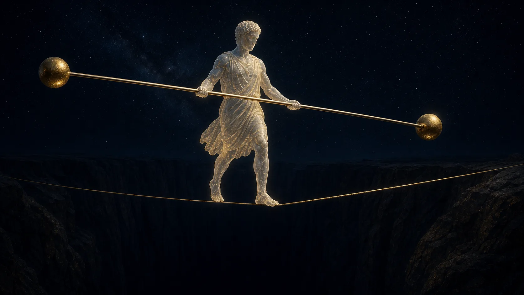 A translucent marble tightrope walker with gold-tipped pole, suspended over a navy chasm between earth and stars.