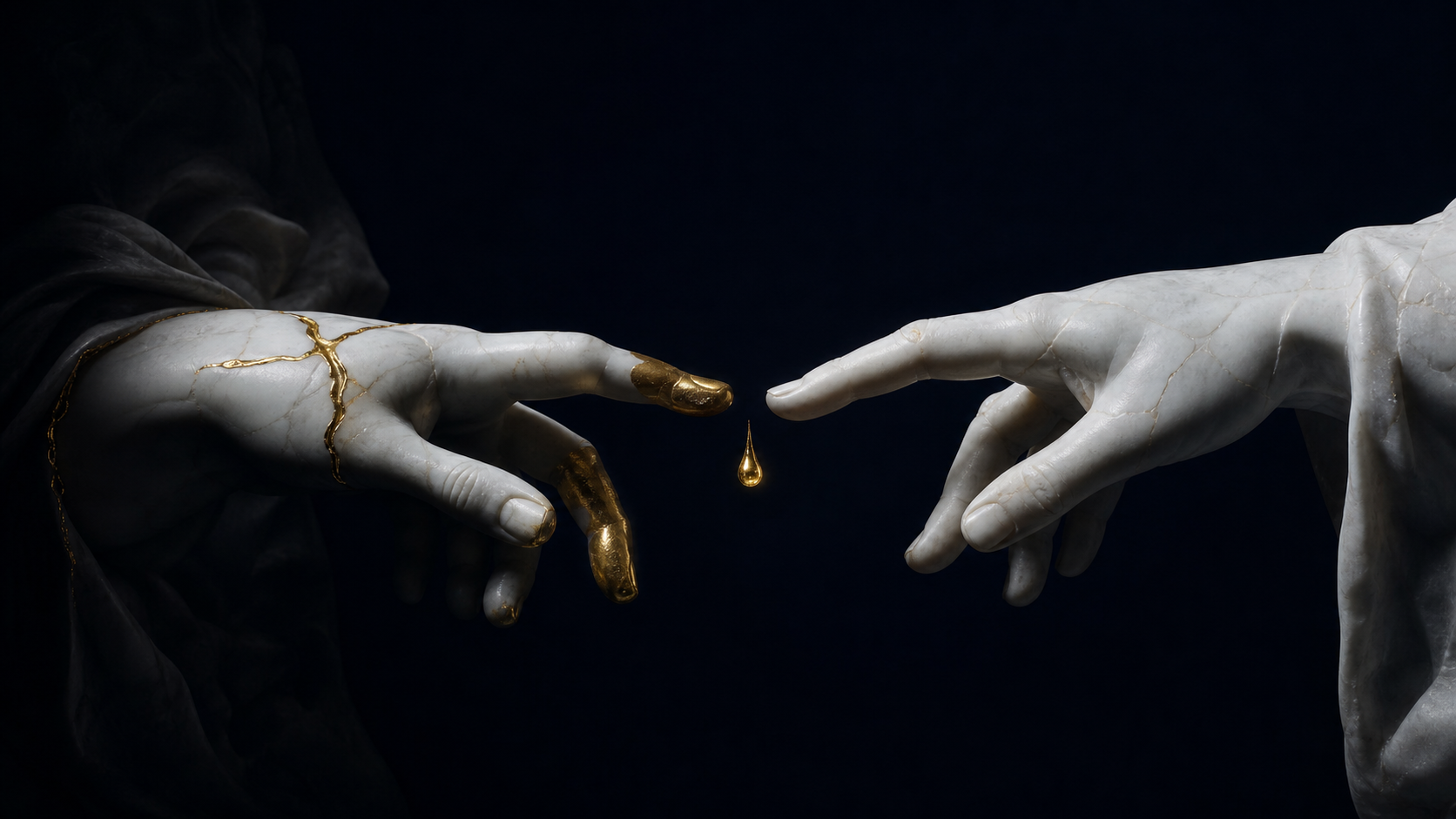 Two classical marble hands almost touching, a frozen gold droplet suspended in the space between them.