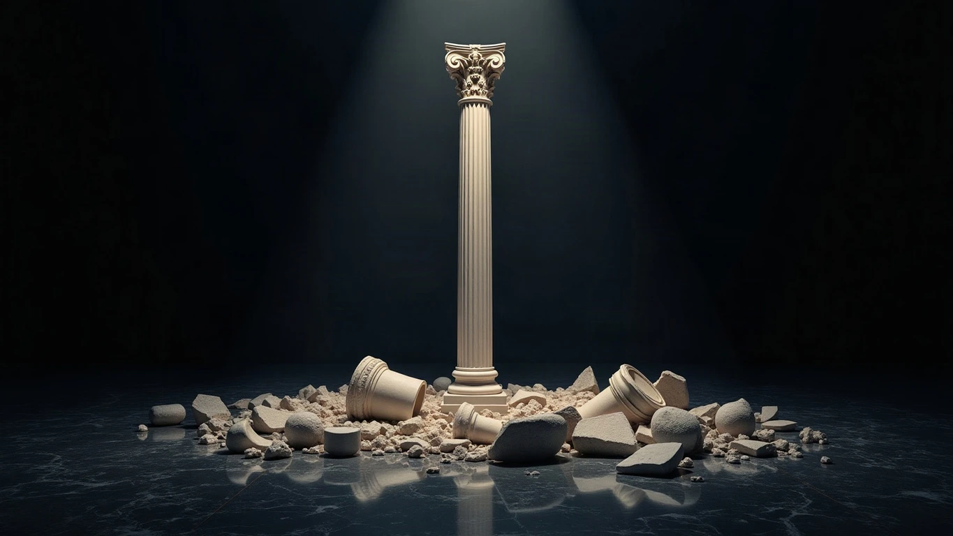 A single tall fluted Parian marble column with a Corinthian capital stands alone in a dark void under one shaft of pale light, with the broken marble drums of its fallen companions scattered around its base on a dark reflecting floor.
