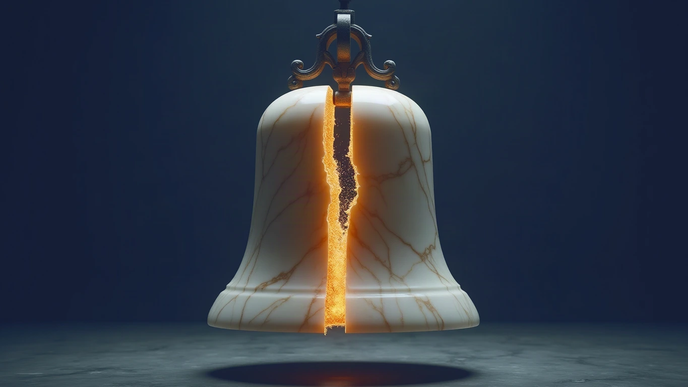 A monumental bell carved from pale veined Parian marble, hanging from a dark iron yoke inside a deep midnight navy void; a single jagged fissure splits one side of the bell and glows with warm amber-gold light, while fine gold dust drifts through the dark.