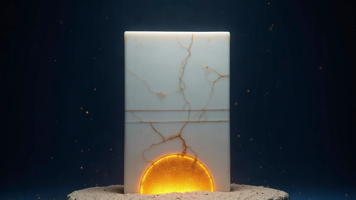 A tall slab of pale veined Parian marble floating in a deep midnight navy void, its face incised with faint blank horizontal grooves like an unreadable document, a large disc of glowing amber-gold metal set low on the stone and split by a jagged crack, molten gold light escaping through the break and running upward along the marble, gold dust motes and faint stars, dramatic cinematic chiaroscuro