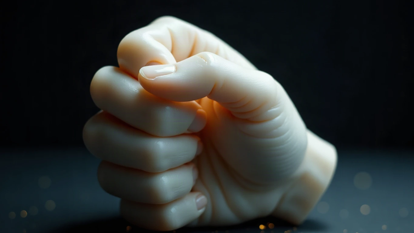 A clenched fist carved from white Parian marble, the index and middle fingers crossed over one another, against a deep midnight navy void, a rim of gold light tracing the fingers.