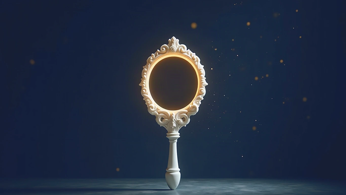 A single ornate hand mirror carved from white Parian marble, its round polished face empty and catching a pool of warm gold light, standing in a deep midnight navy void, gold dust drifting.