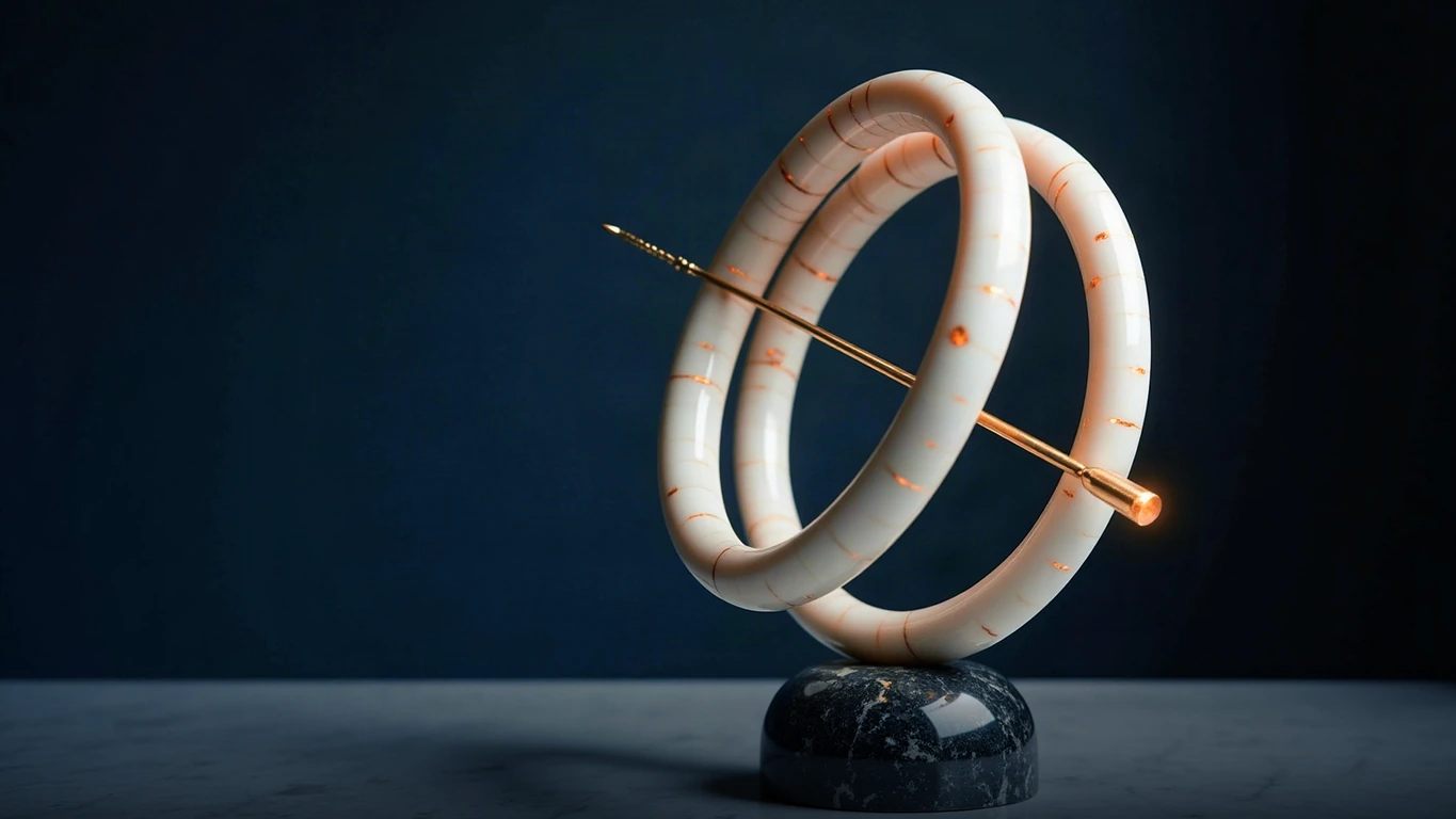 An armillary instrument of Parian marble: nested open rings crossed by a slender gold needle above a dark granite dome, lit by a single shaft of gold against midnight navy.