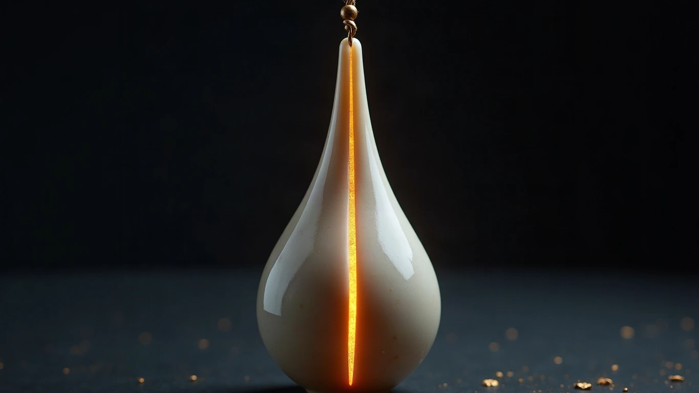 A plumb bob carved from pale veined Parian marble, hanging perfectly still from a taut gold cord in a deep midnight navy void; its smooth surface is unmarked, and a single hairline fissure runs from its shoulder to its point, glowing with warm amber-gold light while fine gold dust drifts into the dark.