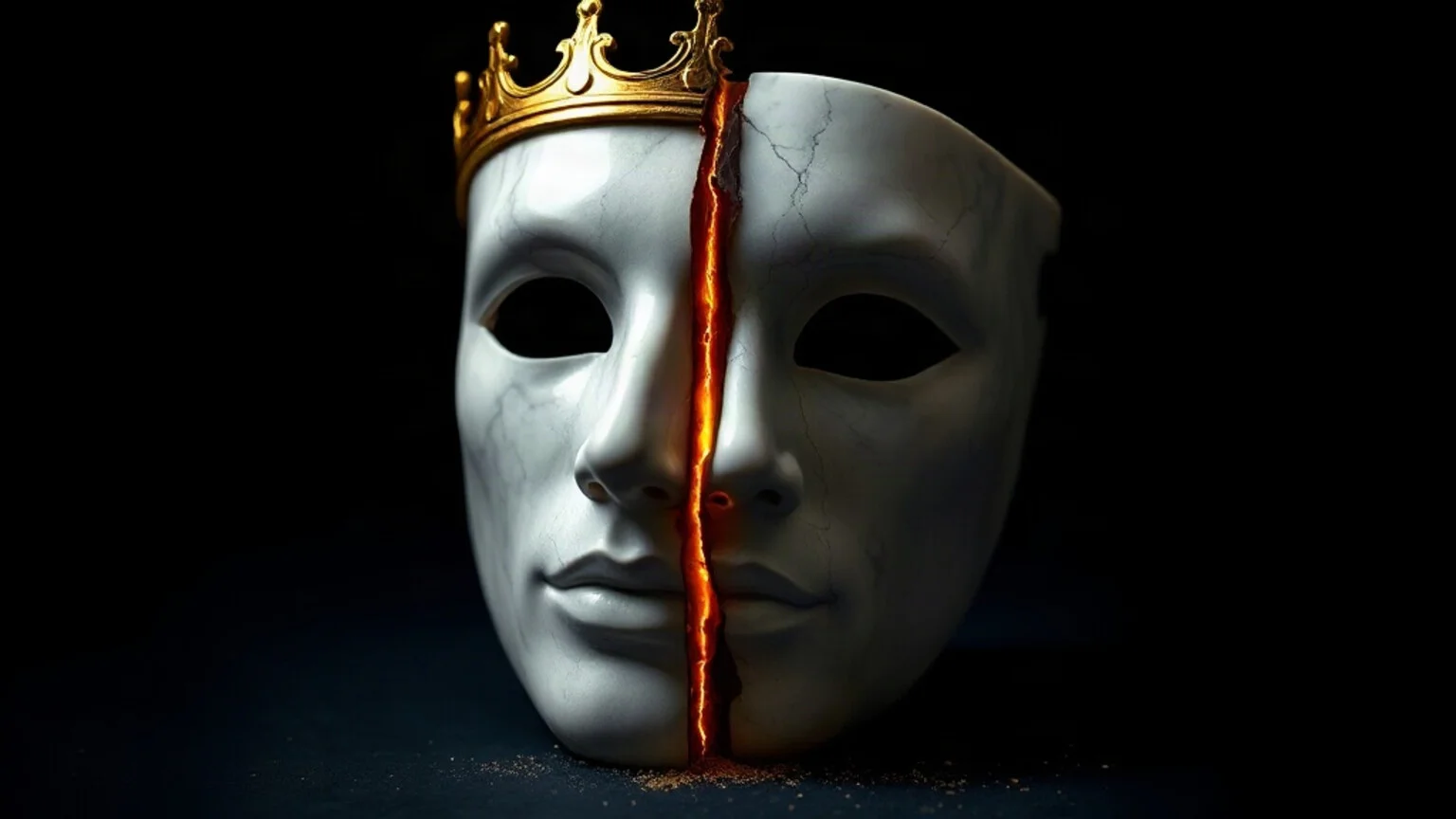 A marble theatrical mask carved from pale veined Parian marble, split down the middle: one half wears a gilded crown catching warm amber light, the other half is cracked and dark, a deep midnight navy void behind both, fine gold dust drifting between the two faces.