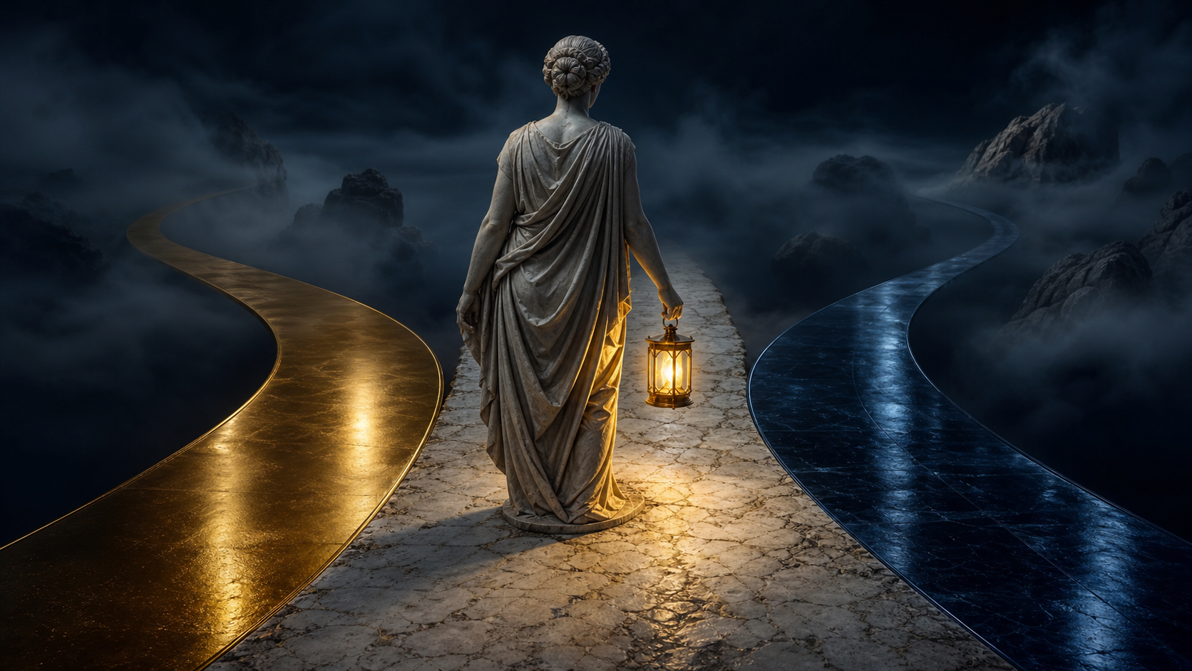 A marble figure at a three-way crossroads of gold, stone, and glass paths, holding a lantern in navy fog.