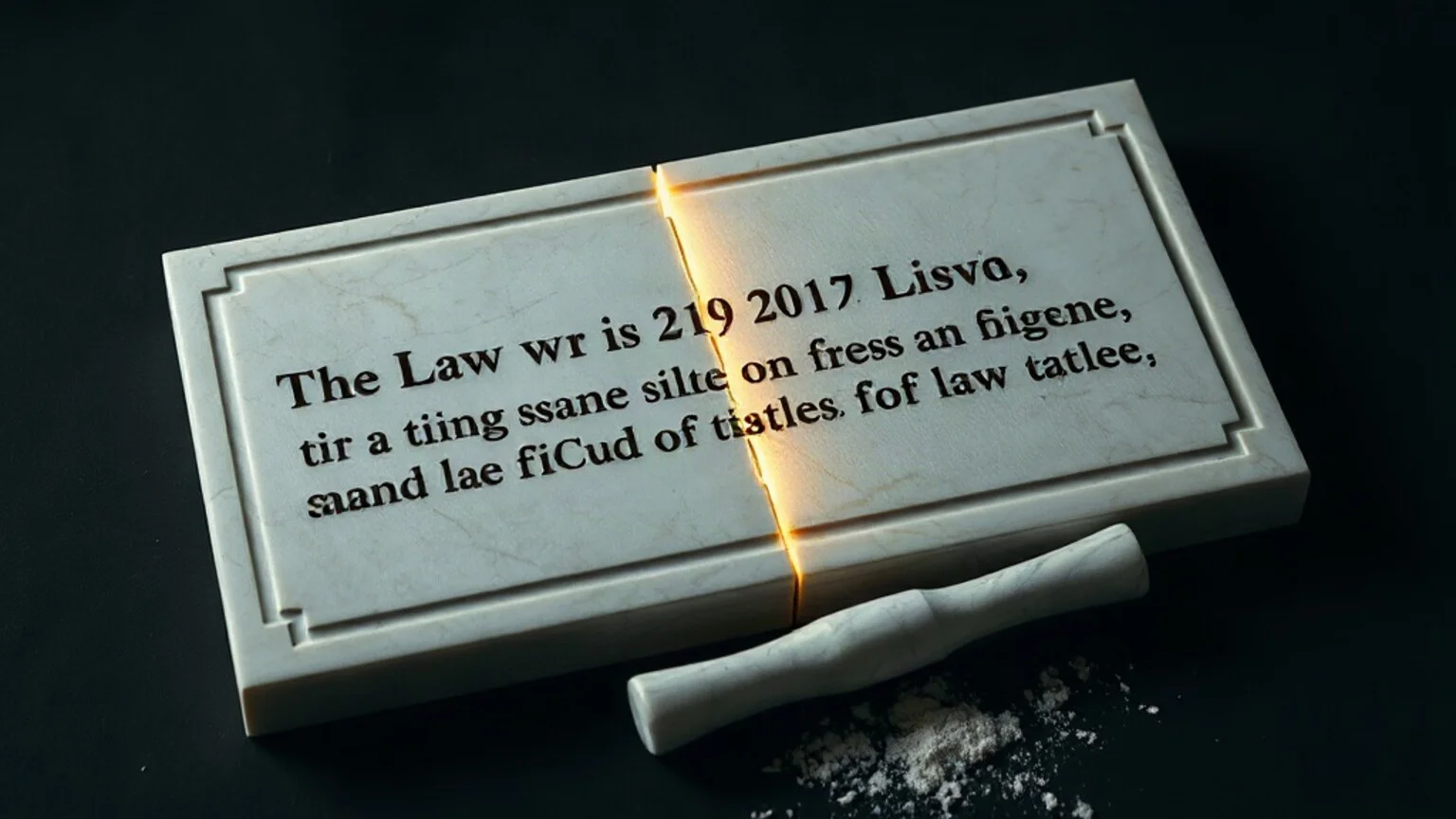A marble law tablet carved from pale veined Parian marble on a deep midnight navy void, half the inscription glowing with warm amber-gold light, the other half freshly chiseled away into fine pale dust, a marble chisel and hammer resting beside it, dramatic cinematic chiaroscuro lighting, conceptual metaphorical imagery, no text, no letters, no words.