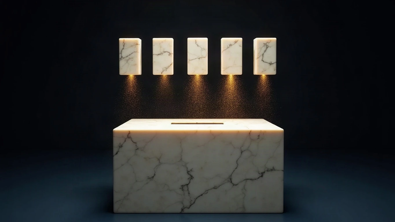 Five rectangular Parian marble tablets of different sizes float in a row above a monumental carved marble ballot box in a deep midnight navy void, each tablet shedding a single narrow beam of warm amber-gold light down into the box's slot, with fine gold dust drifting through the dark.