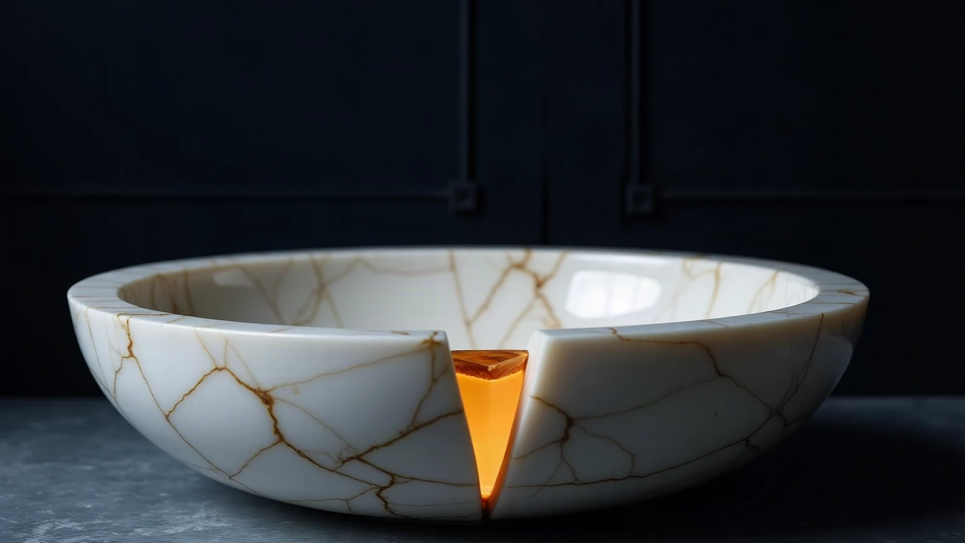 A circular fuel gauge carved from pale veined Parian marble on a deep midnight navy void, its slender marble needle resting just above the empty mark, a filament of warm amber-gold light running through the stone dial like a hairline crack, a thin thread of gold light dripping from the bottom of the dial into the darkness below, dramatic cinematic chiaroscuro lighting, conceptual metaphorical imagery, no text, no letters, no numbers.