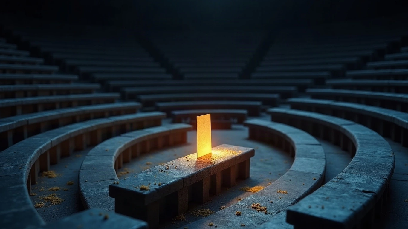 A vast empty Parian marble amphitheater in a deep midnight navy void, concentric arcs of weathered stone benches receding into darkness, a single ballot card standing upright on one bench near the center glowing amber-gold, its light pooling on the marble and rising as fine gold dust into the dark air.