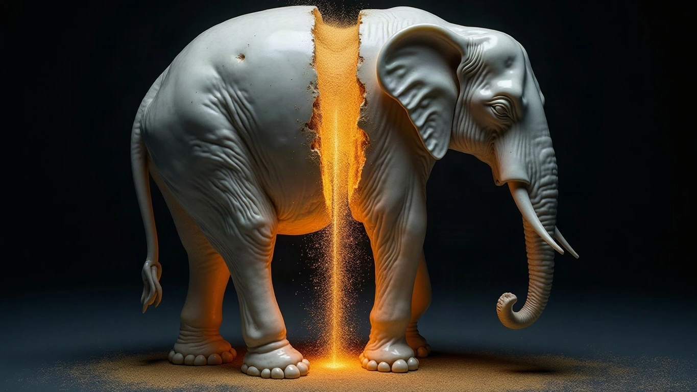 A classical Parian marble elephant split cleanly down the middle by a molten-gold fault line, glowing light pouring from the fissure, one flank intact and one sheared, the whole sculpture floating in a void of deep midnight navy.