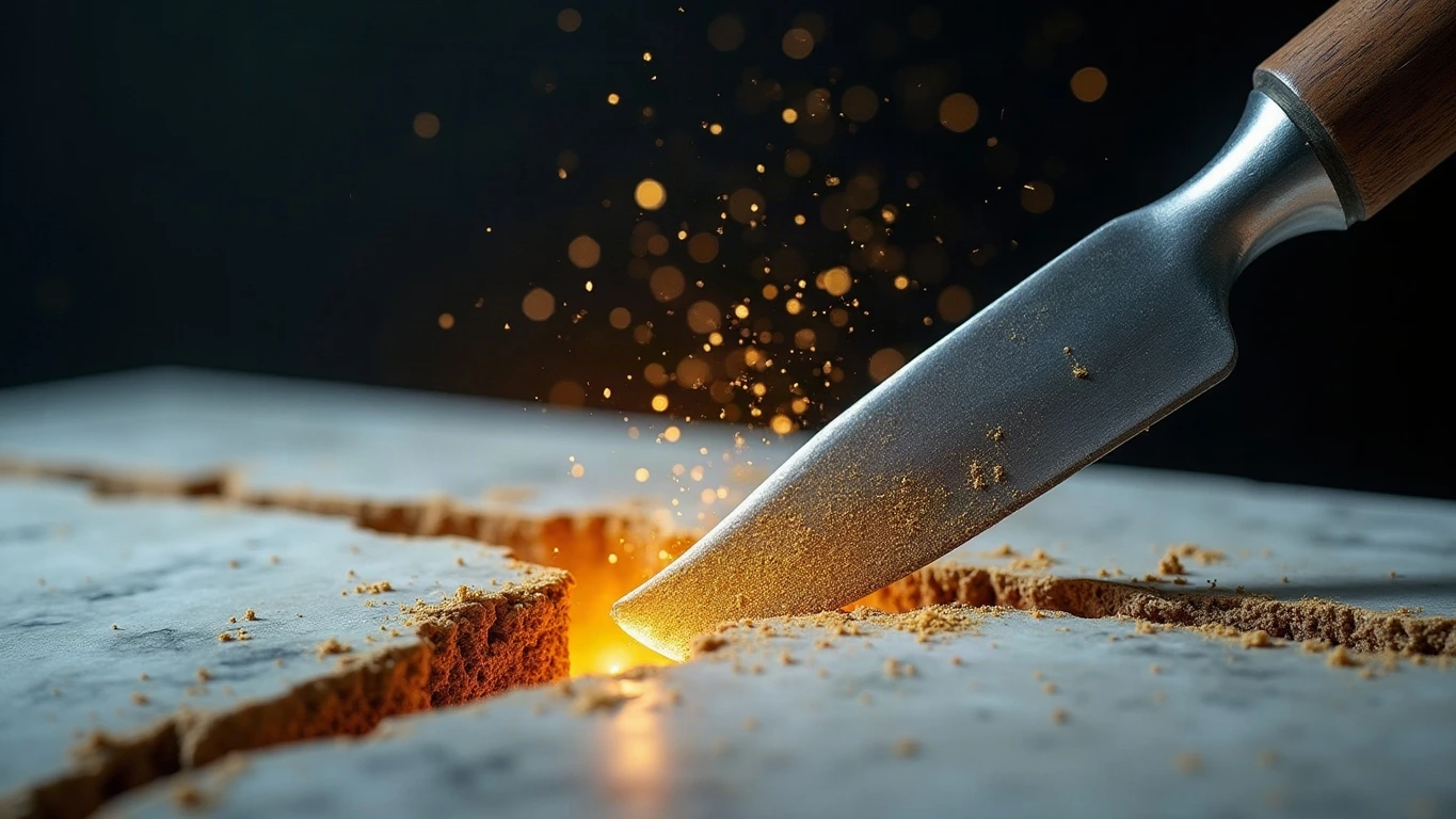 A single chisel driven into a slab of white Parian marble, the crack that runs from its edge glowing with molten gold light, in a deep midnight navy void with gold dust suspended in the air.