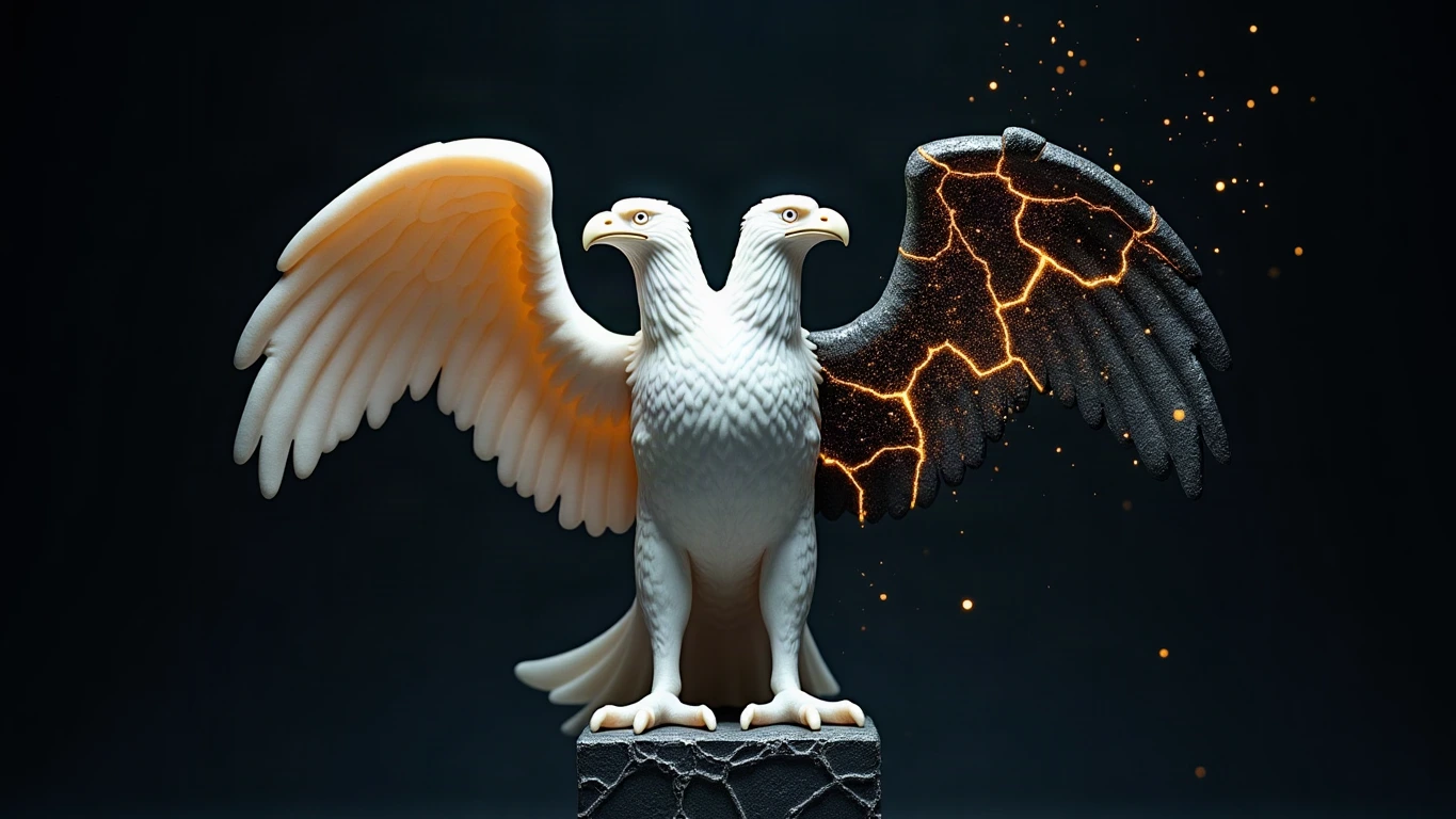 A cracked Parian marble double-headed eagle perched on a dark pedestal, one wing whole and gold-lit, the other broken and dark, gold dust settling in a midnight navy void.