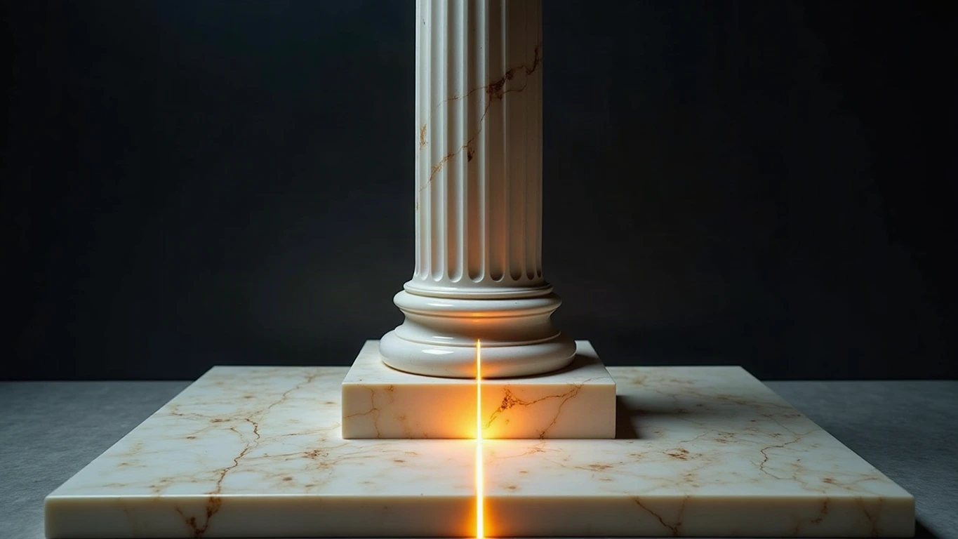 A monumental rectangular slab of pale Parian marble, incised with a faint lattice of unreadable circuitry, lies as a foundation beneath a single fluted marble column; gold light rises from the joint between them and a hairline gold fissure branches across the slab, in a deep midnight navy void.