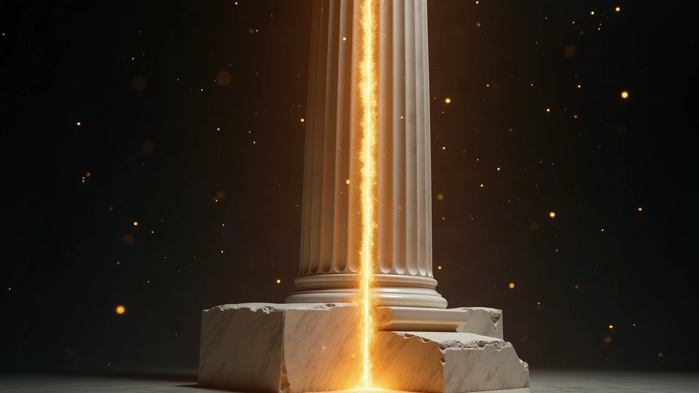A fluted column of pale Parian marble standing on a broken marble base in a deep midnight navy void, split from base to capital by a fissure of glowing gold light that spills embers and dust into the dark air.
