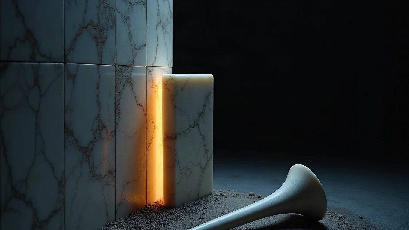 A pale Parian marble hand, carved and veined, setting the last rectangular block into a wall of identical blocks, a hairline of warm amber-gold light glowing in the seam; an unused marble trumpet lies abandoned in the dark dust at the base of the wall, against a deep midnight navy void.