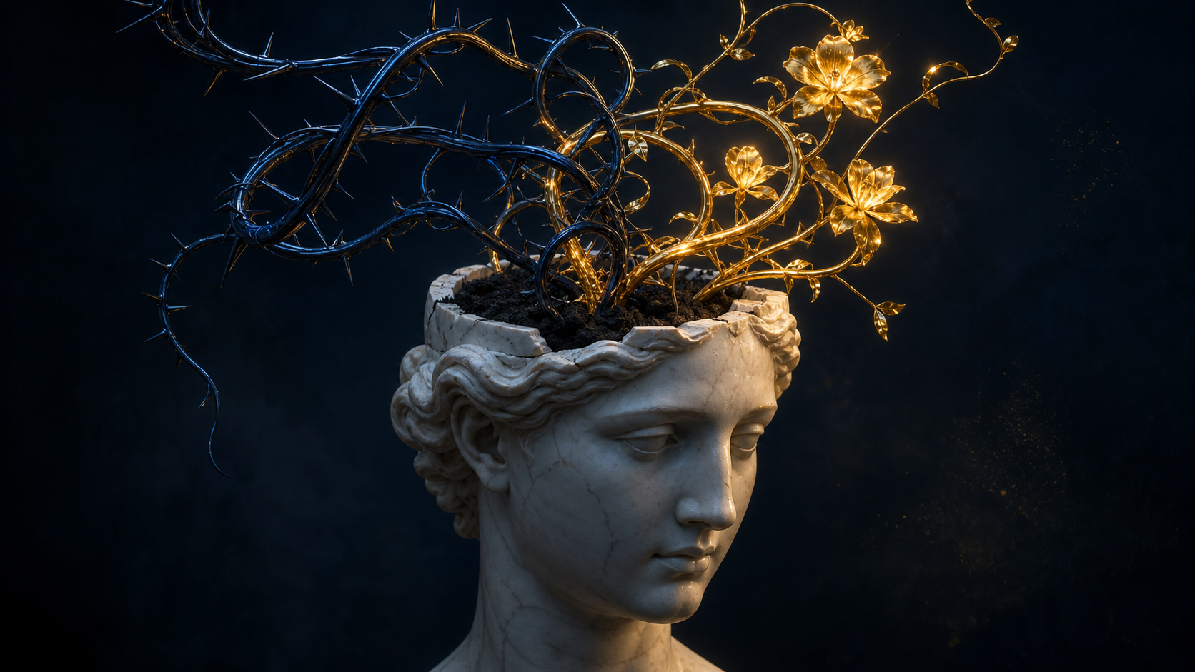A marble human head as a planter, with a thorny navy vine and a luminous gold vine growing from the same soil.