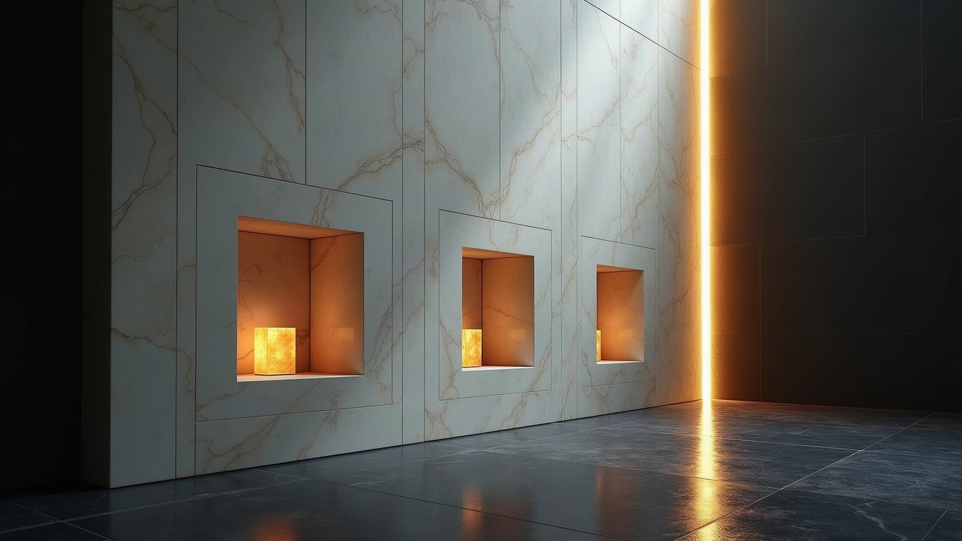 A monumental wall of pale Parian marble blocks in a midnight navy chamber, its face cut into deep square niches; three niches hold small cubes of glowing amber-gold light, one niche stands empty and dark, and a single vertical blade of gold light rises through the wall where a fissure should be.