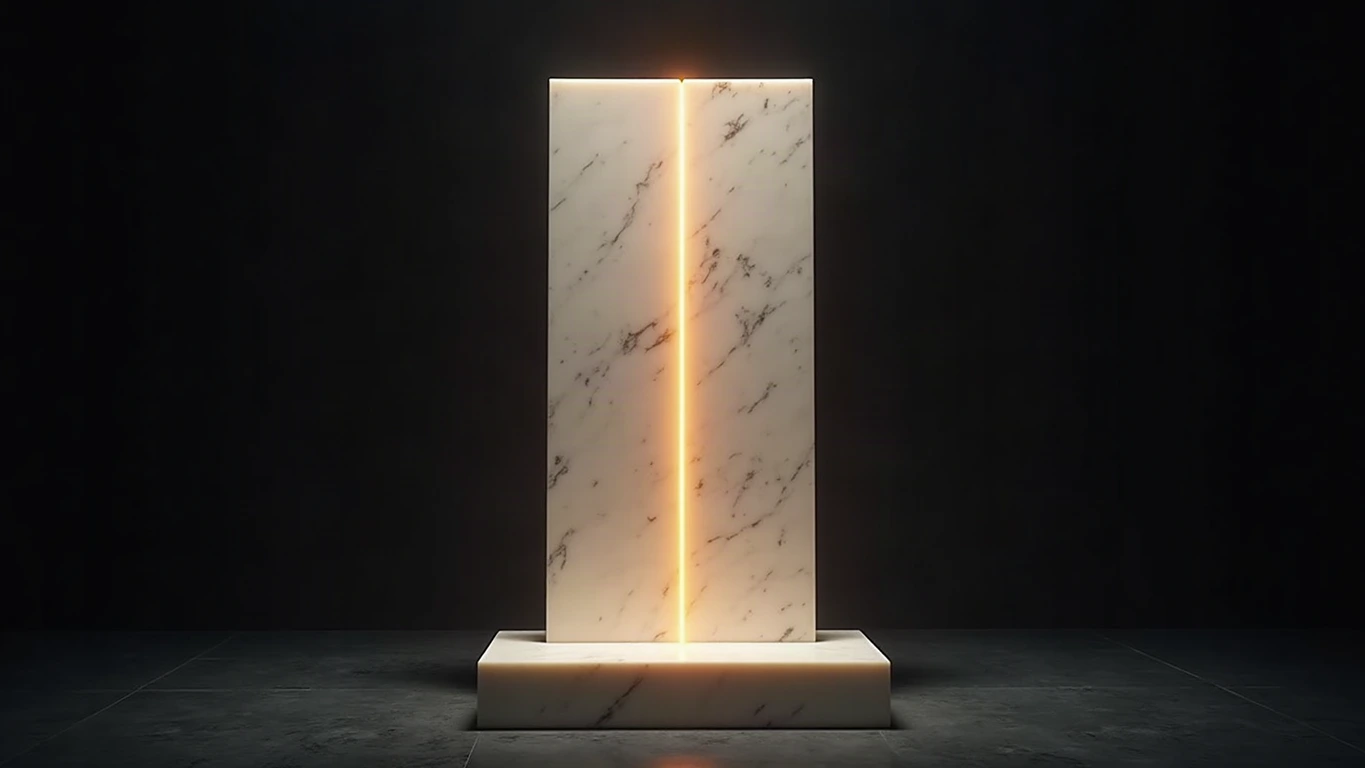 A tall slab of pale Parian marble rising from a low marble plinth in deep midnight-navy darkness; a single sheet of warm amber-gold light runs through the centre of the slab from top to bottom and spills onto the base, dividing the stone into two equal halves; dark reflective floor below.