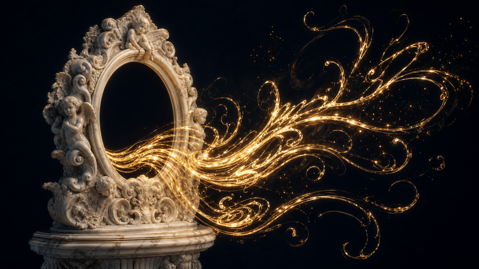 An empty marble mirror frame with flowing gold script pouring out instead of a reflection.