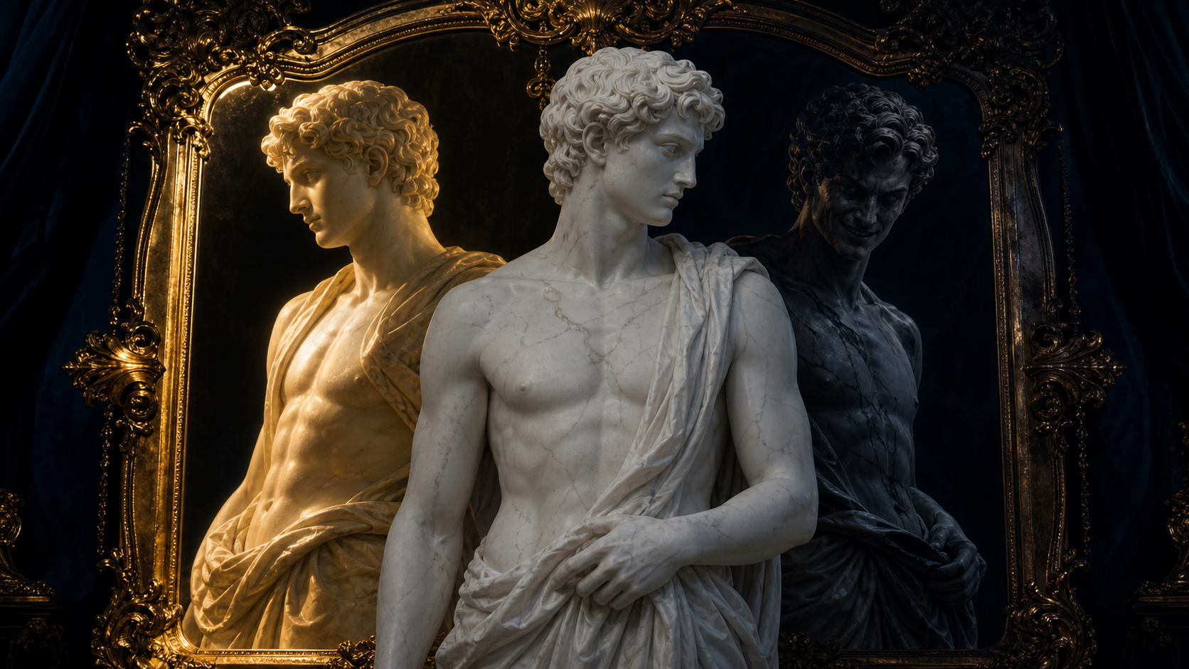 A gilded mirror showing two reflections of the same figure â one in warm gold dignity, one in cold navy cruelty.