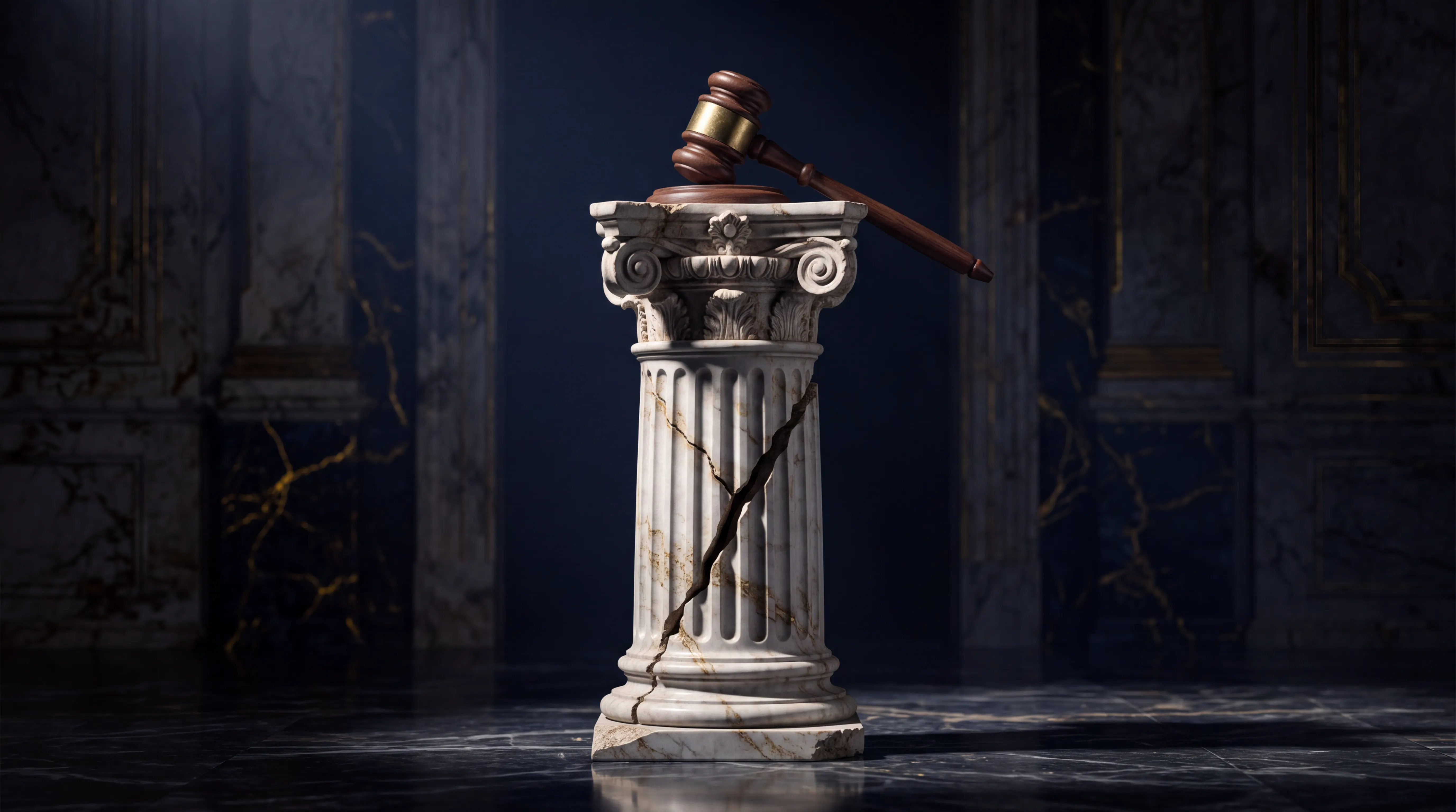 A cracked marble pillar with a gavel resting on top, symbolizing the fragility of the rule of law.