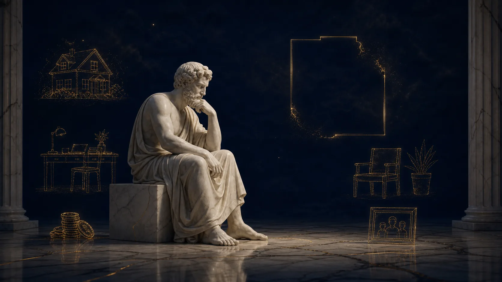 A seated marble figure contemplates a deliberate empty space amid faint gold outlines of a home, work, money, and family.
