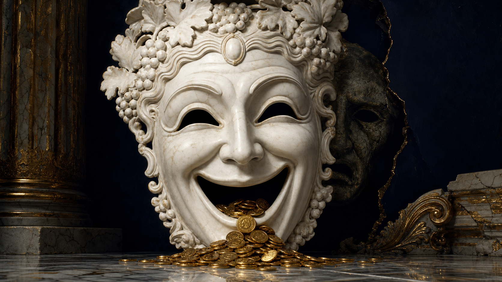A polished marble Comedy mask with a darker tragic face visible behind it, gold coins spilling from its smiling mouth.