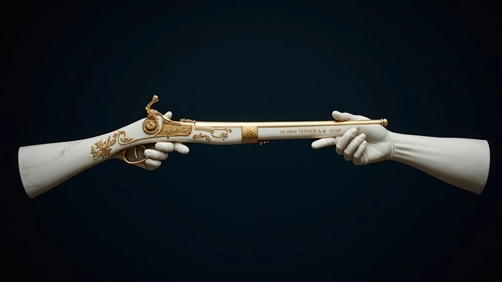 Two marble hands holding a musket that transforms into a rifle, sharing the same unseen wrist — regulation and rights as one body.