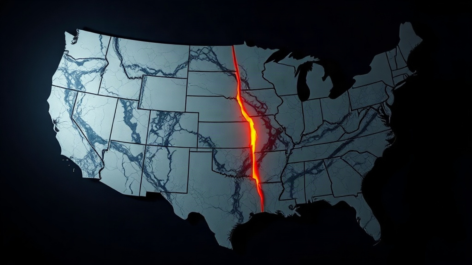 A marble relief map of the continental United States on a midnight navy background, fractured along jagged seams with glowing gold light seeping through the cracks.