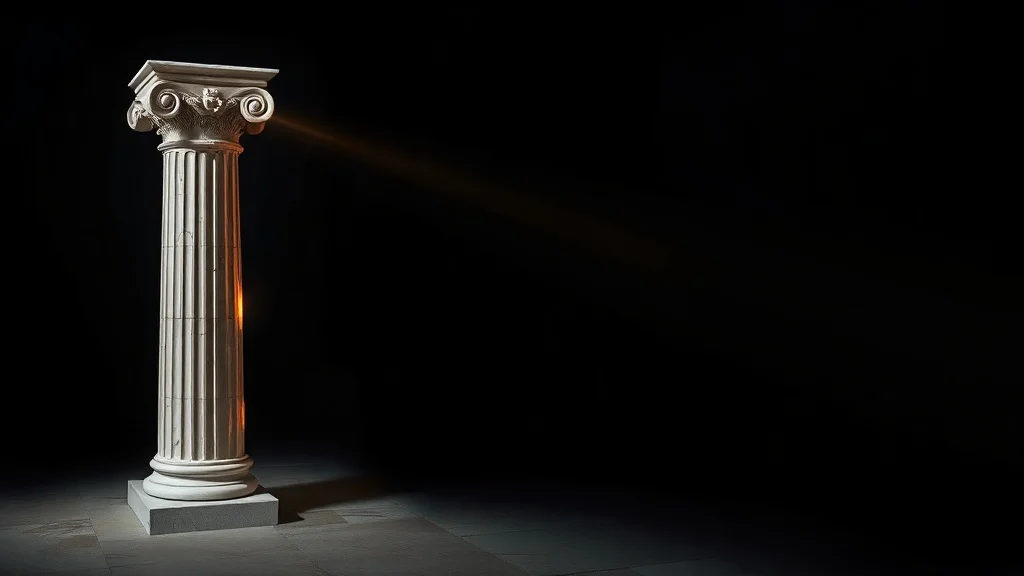 A marble Ionic column lit by a single shaft of golden light against a dark background, symbolizing honor under strain.