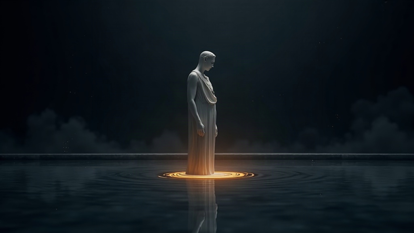 A lone Parian marble figure standing in shallow dark water in a midnight navy void, contemplative with head bowed, a luminous ring of glowing warm gold rippling outward on the water around the figure's feet, gold dust motes, dramatic chiaroscuro