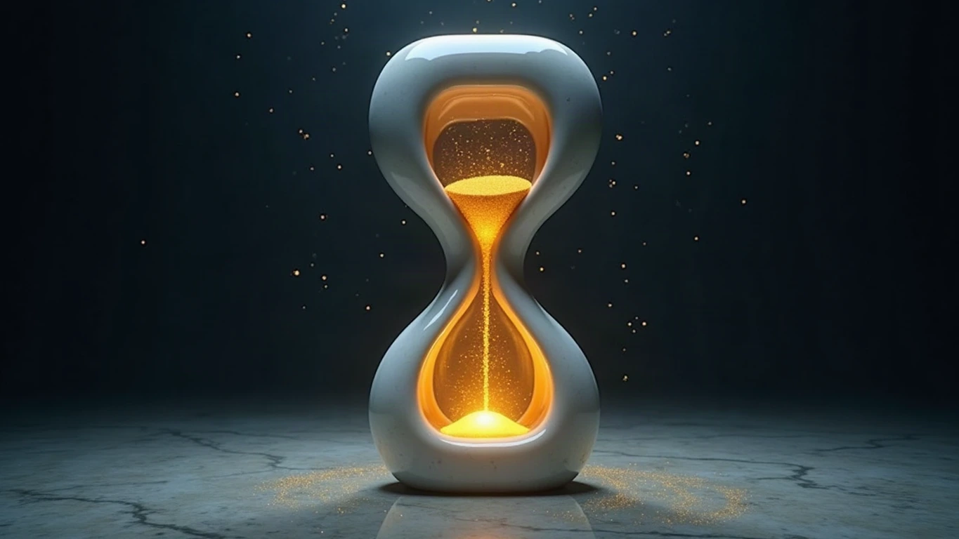 A monumental hourglass carved from veined white Parian marble floating in a midnight navy void, glowing gold sand pouring through its neck into a growing pool of light in the lower chamber, sparse golden dust and dim stars scattered across the darkness.