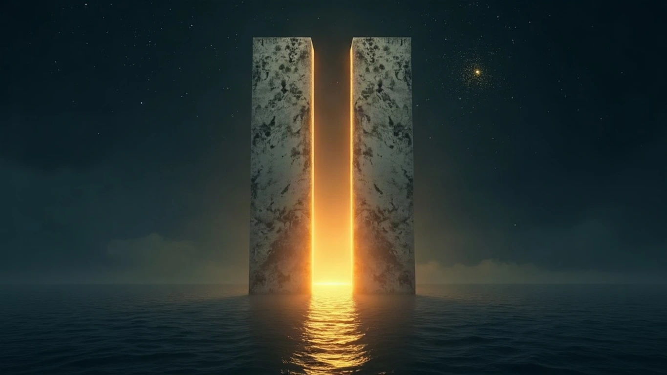 Two weathered pillars of white Parian marble standing in dark water, a band of glowing gold light stretching between them on the horizon, sparse golden dust in a deep midnight navy sky.