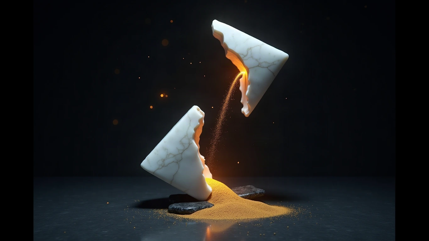 A shattered marble hourglass split into two halves drifting apart in a deep midnight navy void, a stream of glowing gold sand falling through the gap into a pool of gold light on a dark marble shard, sparse gold dust motes and dim stars.
