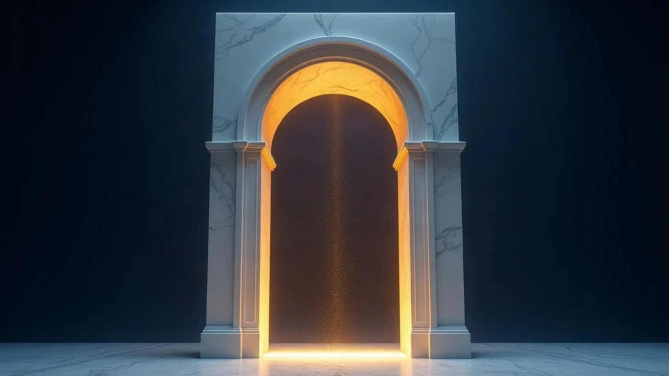 A monumental pale Parian marble arch standing intact in a deep midnight navy void, an enormous vertical column of glowing amber-gold light rising through and far above it, dwarfing the marble structure that frames it, gold dust drifting in the beam, dramatic cinematic chiaroscuro.