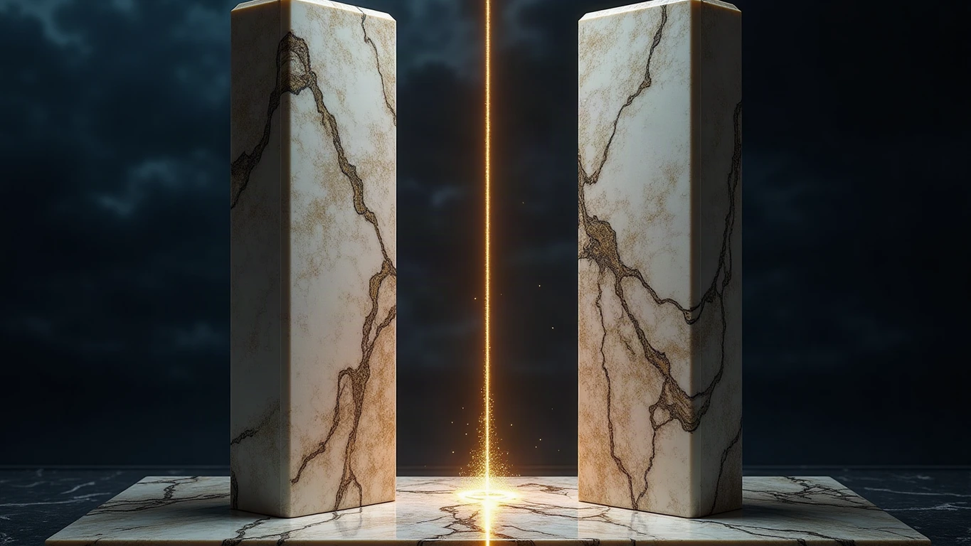 Two monumental weathered Parian marble monoliths stand almost touching, a single taut filament of glowing gold light strung between their facing surfaces and pooling as molten gold on the dark polished marble floor beneath them, under a midnight navy sky.