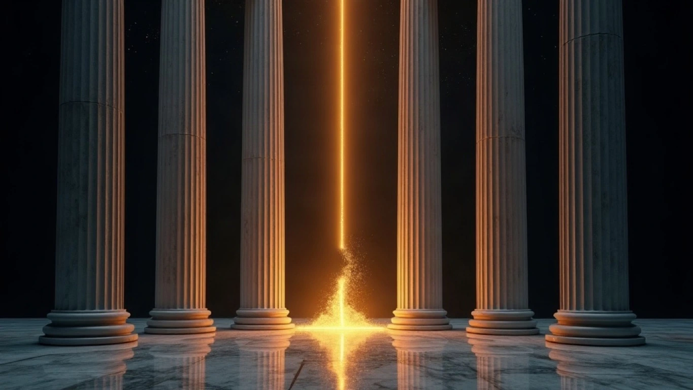 Six fluted Parian marble columns stand in a dark midnight navy void on a polished marble floor, and a single thin filament of glowing amber-gold light drops vertically between the two central columns into a bright pool of gold spreading across the stone.