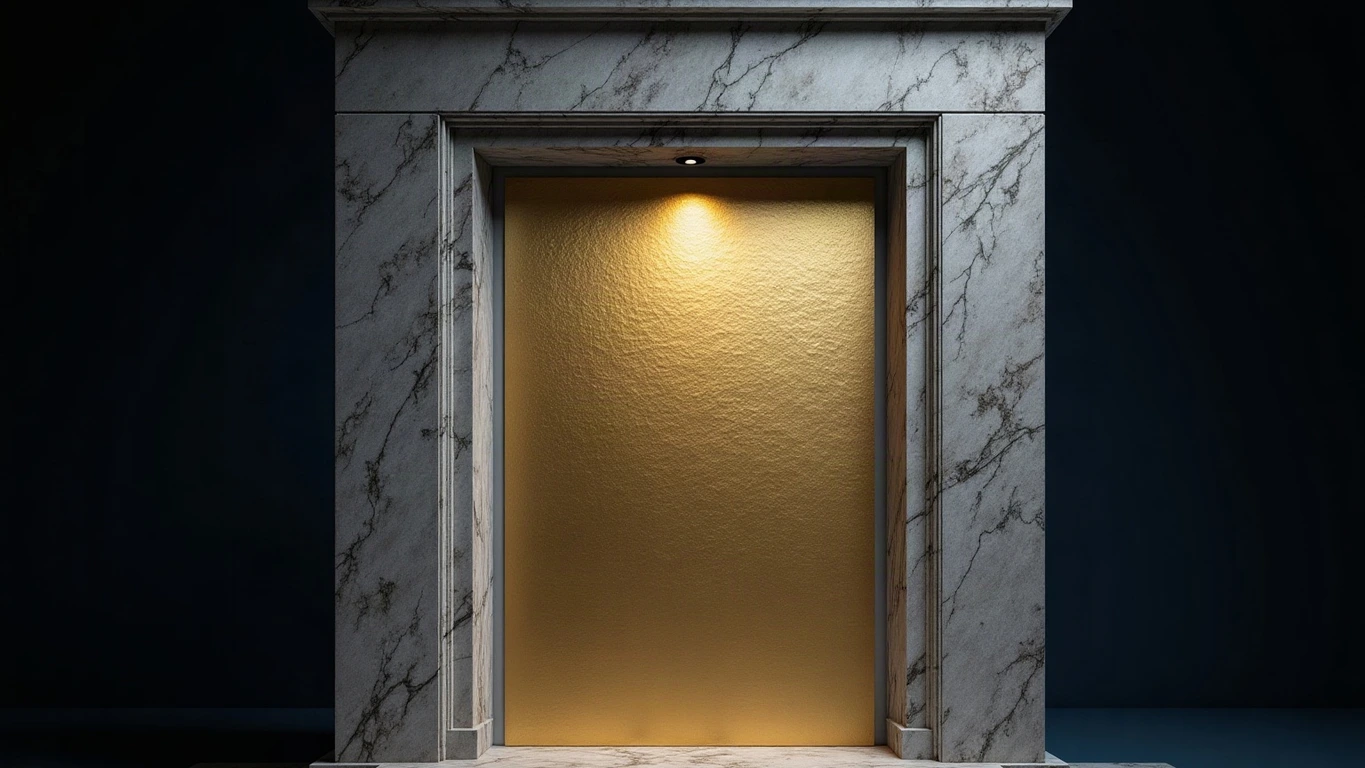 A weathered Parian marble portico standing alone in a deep midnight navy void, with a large blank plate of hammered gold bolted crudely across its face, gleaming too brightly. Every marble surface is smooth and wordless.