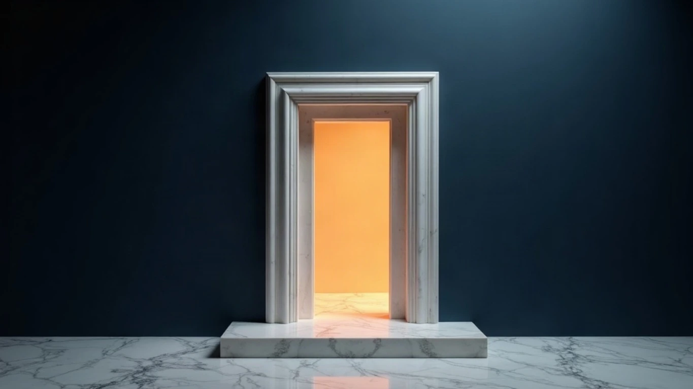 A single carved Parian marble doorframe standing alone in a deep midnight navy void, its door open onto a vertical channel of glowing amber-gold light, the marble threshold worn concave by generations of footsteps.