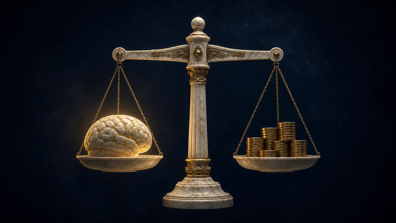 A marble scale balanced between a gold-veined brain and a stack of gold coins in a navy void.