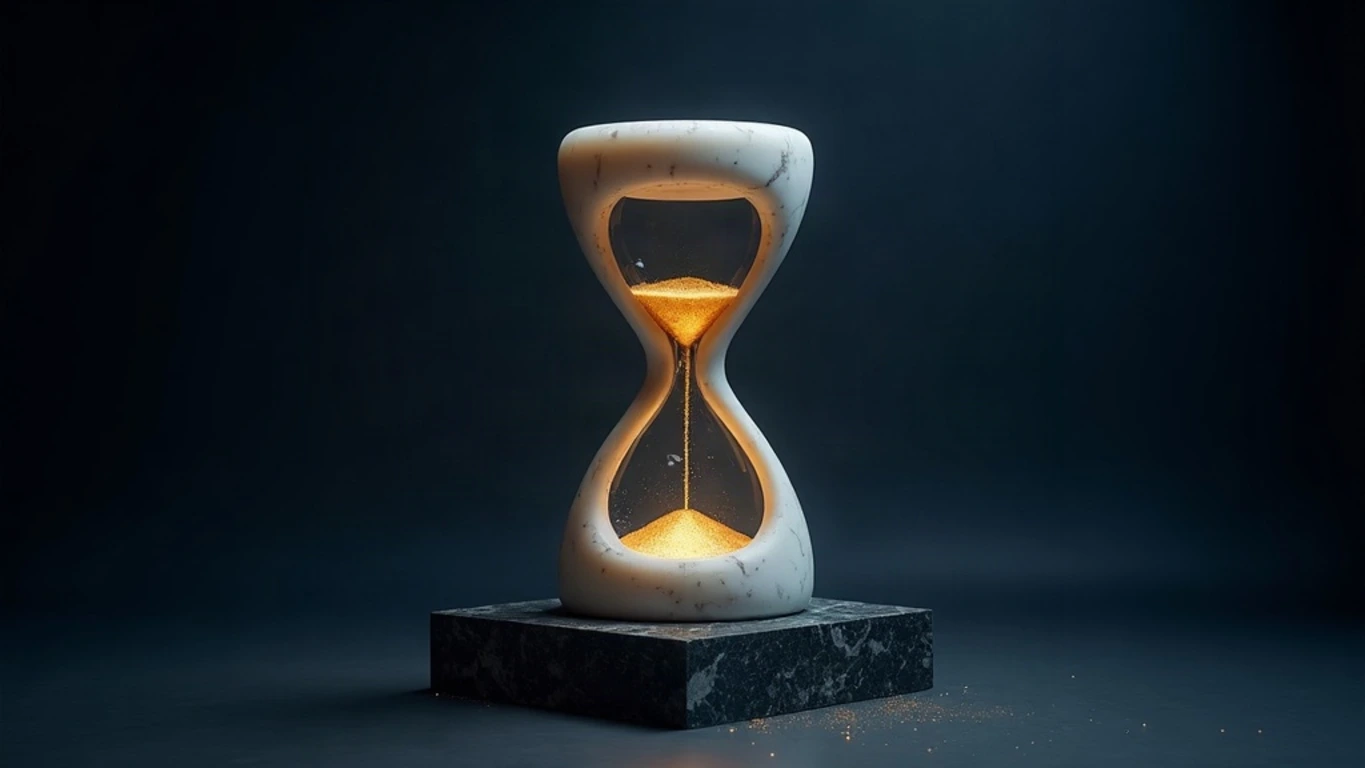 A monumental hourglass carved from white Parian marble stands on a dark stone plinth in a deep midnight navy void. The upper bulb is nearly empty; the lower bulb is filling with luminous gold sand, which glows and spills into a small pile on the stone beneath.